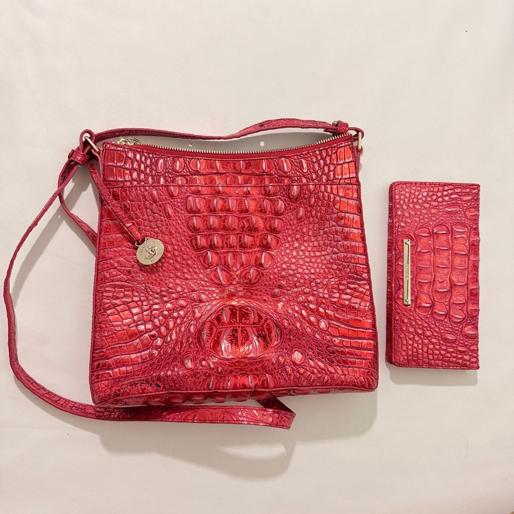 Brahmin Crossbody Bag & Wallet Set Women OS Red Metallic Croc Embossed Katie